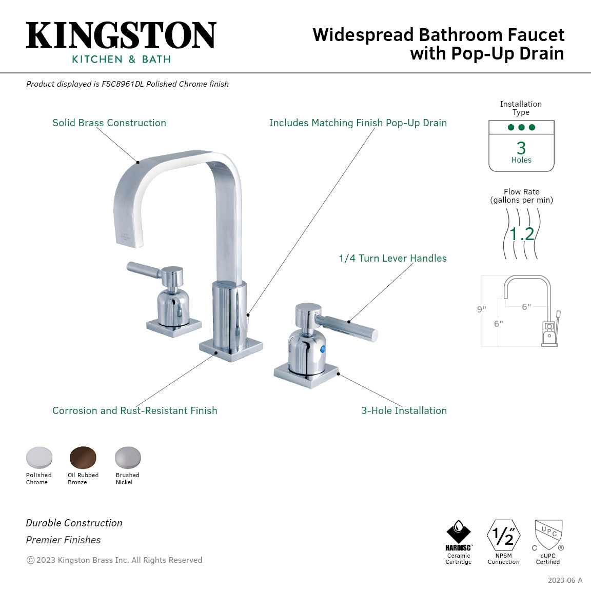 Kingston Sona FSC8965DL - Concord Two-Handle 3-Hole Deck Mount Widespread Bathroom Faucet with Pop-Up Drain, Oil Rubbed Bronze — thumbnail 3